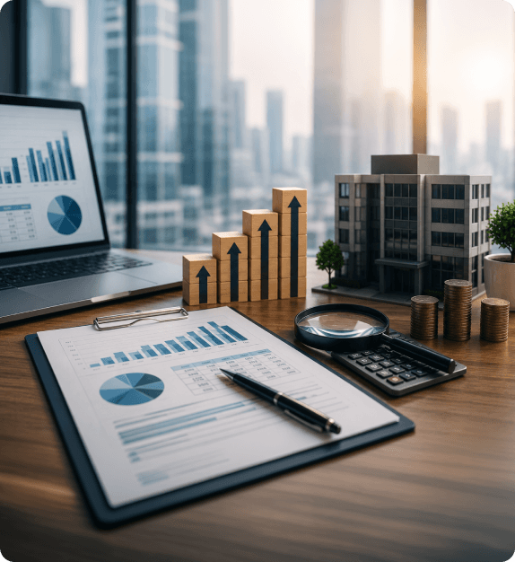 Valuation reports, a laptop with charts, and a model building on a desk