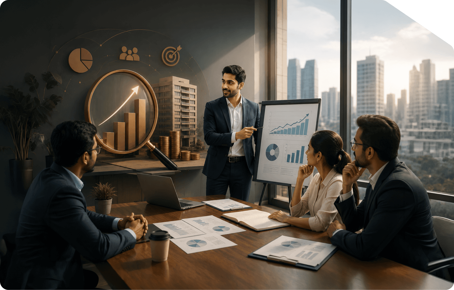 An advisor presenting growth charts to a team in a meeting room